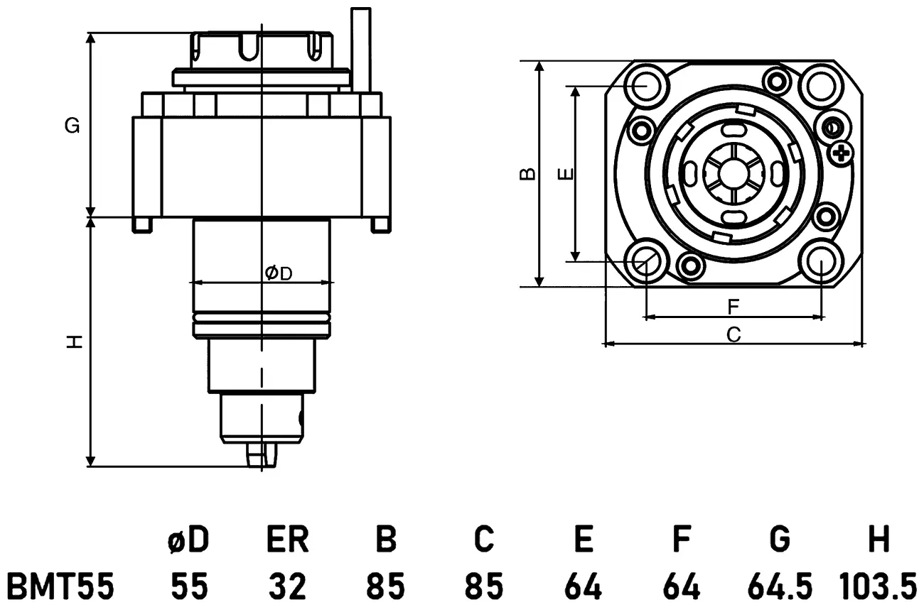 Приводной прямой блок AdvaCUT BMT55, ER32, компактный, T=1:1, RMP=6000, внеш. СОЖ