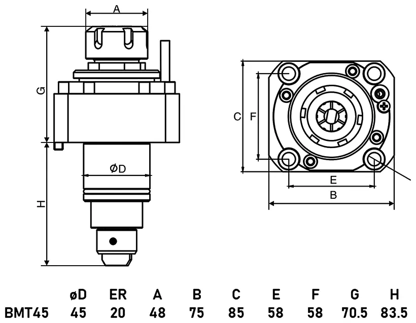 Приводной прямой блок AdvaCUT BMT45, ER20, T=1:1, RMP=6000, внеш. СОЖ