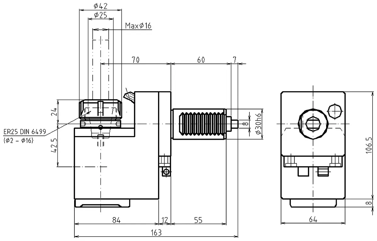 Приводной угловой блок со смещением AdvaCUT VDI30 DIN HD1809 (EWS), ER25, T=1:1, RMP=6000, внеш. СОЖ