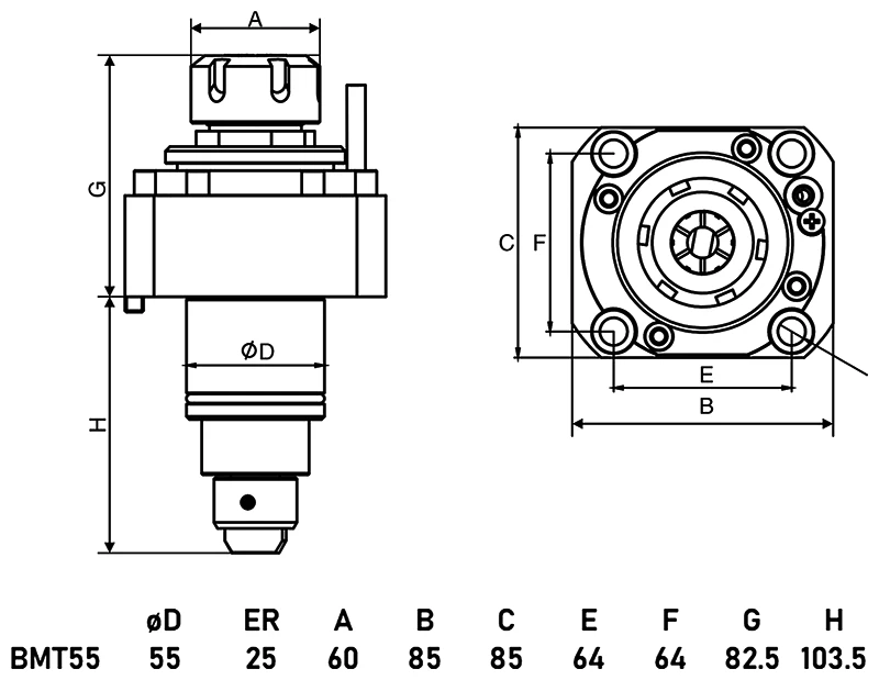 Приводной прямой блок AdvaCUT BMT55, ER25, T=1:1, RMP=6000, внутр. СОЖ