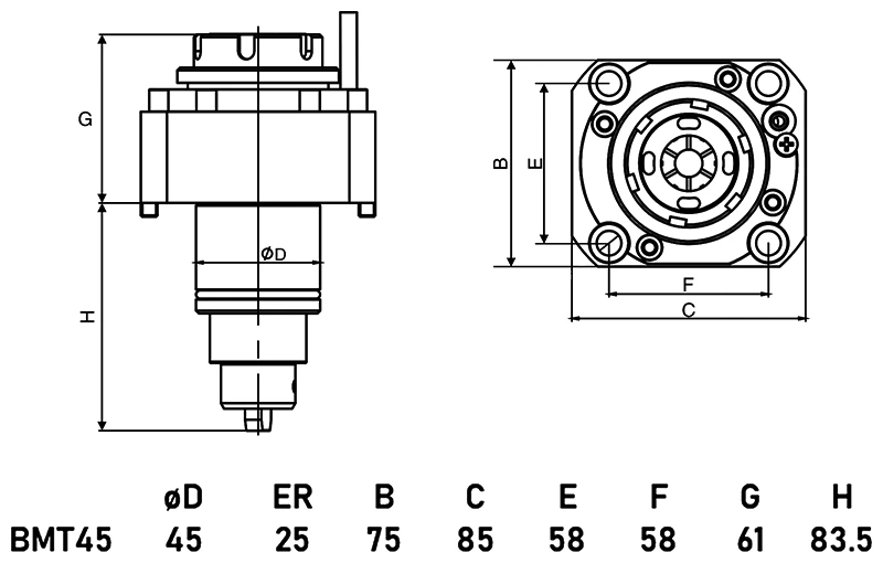 Приводной прямой блок AdvaCUT BMT45, ER25, компактный, T=1:1, RMP=6000, внеш. СОЖ