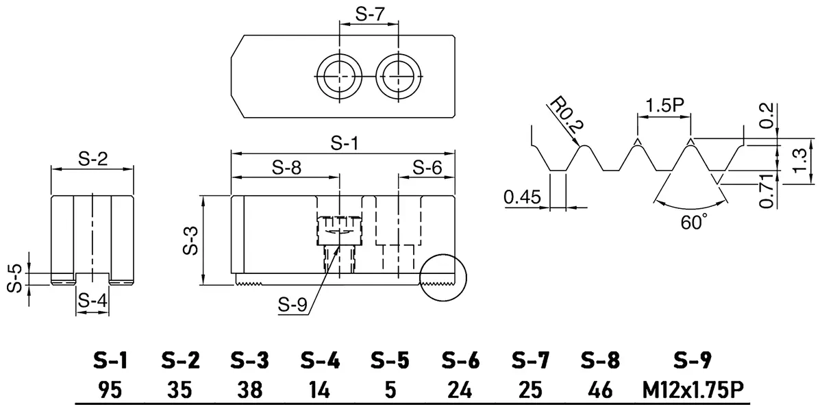 Cтальные мягкие накладные заостренные кулачки (4 шт.) для гидравлических патронов ⌀210 мм, 95x35х38 мм, паз 14 мм, МЦ 25 мм, М12