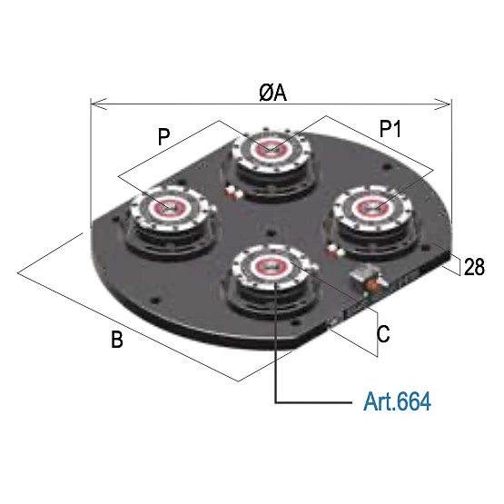 Алюминиевая базовая скругленная плита под 4 патрона Zero Point (Art. 664), р-р Ø500*380, Art. 72P