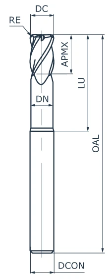Фреза концевая твердосплавная APL131-CRFN2-0150-0150-030, с радиусом при вершине, обниженная шейка, ØD 1,5 мм