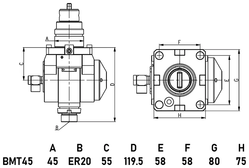 Приводной регулируемый (±90°) блок AdvaCUT BMT45, ER20, T=1:1, RMP=6000, внеш. СОЖ