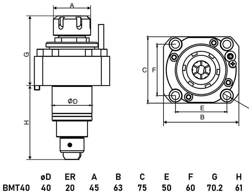 Приводной прямой блок AdvaCUT BMT40, ER20, T=1:1, RMP=6000, внеш. СОЖ