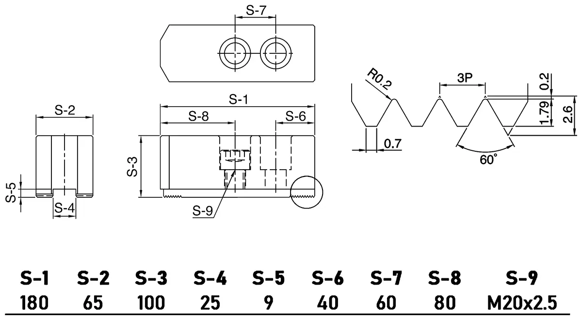 Cтальные мягкие накладные заостренные кулачки (3 шт.) для гидравлических патронов ⌀610 мм, 180x65x100 мм, паз 25 мм, МЦ 60 мм, М20