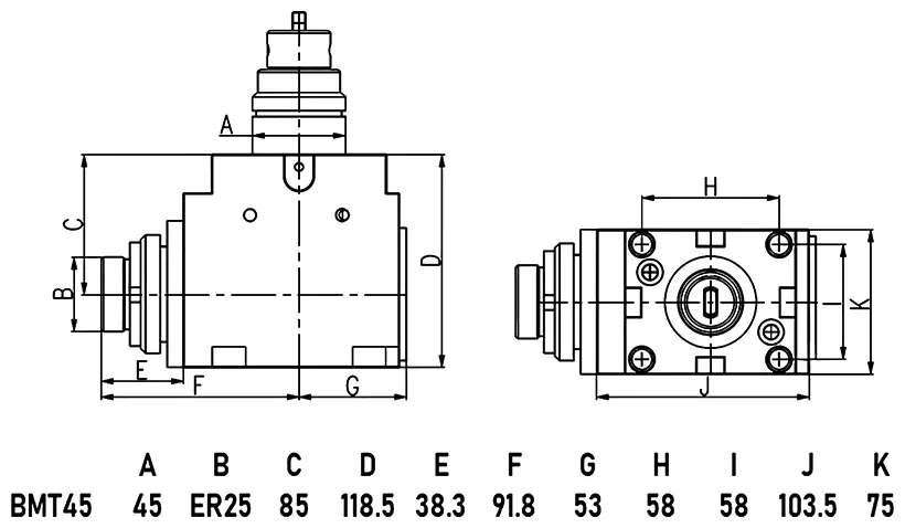 Приводной угловой блок AdvaCUT BMT45, ER25, H=85, T=1:1, RMP=6000, внеш. СОЖ