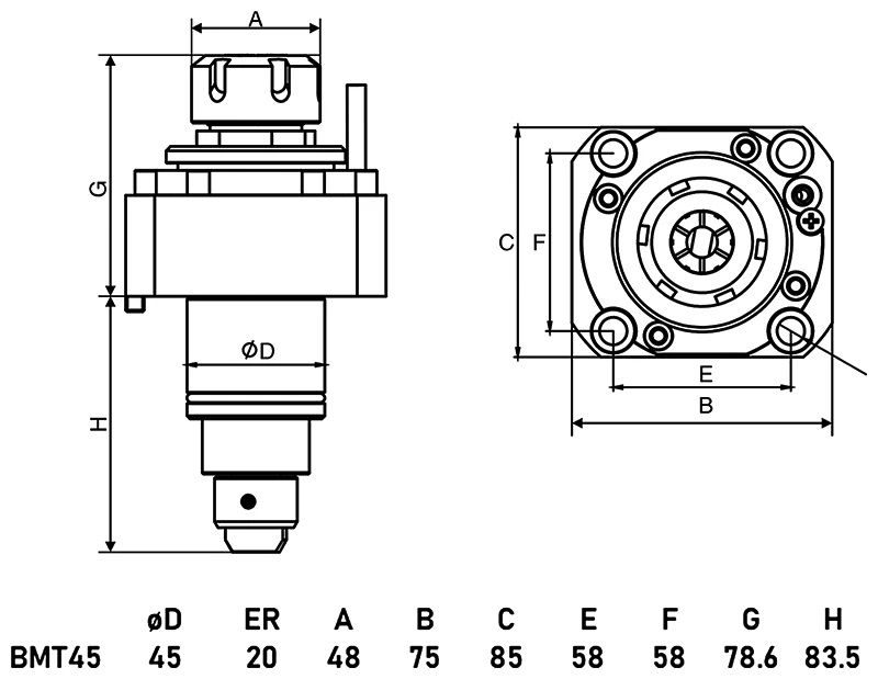 Приводной прямой блок AdvaCUT BMT45, ER20, T=1:1, RMP=6000, внеш. СОЖ