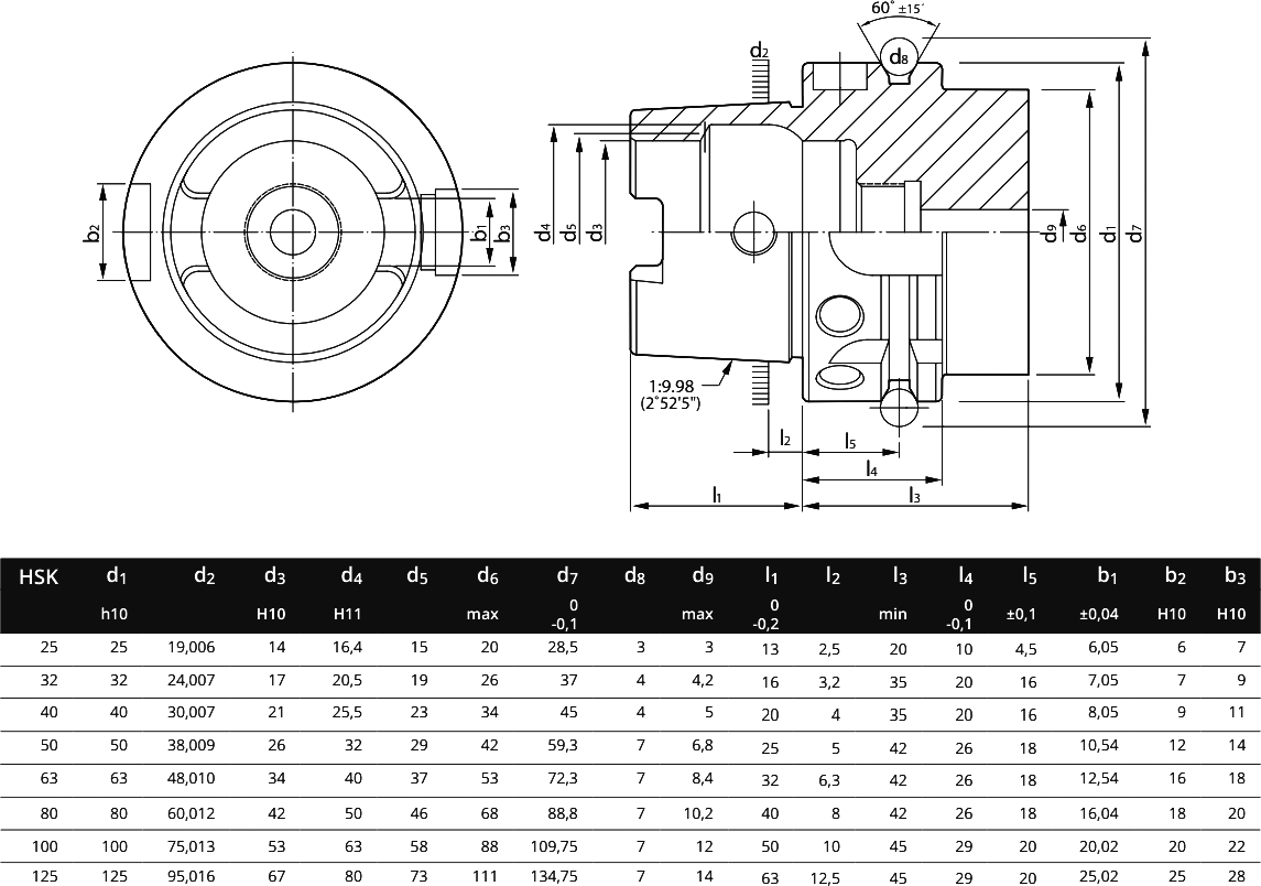 Размеры оправок по HSK-A DIN 69893